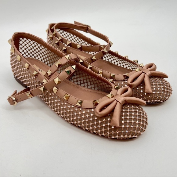 VALENTINO GARAVANI Rockstud Crystal Net Ankle-Strap Ballerina Flats new 39.5 - Picture 2 of 14